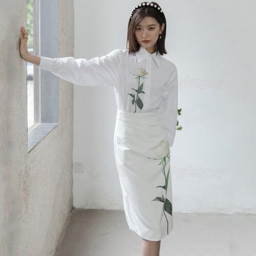 Rose Print Women Two Piece Set 2021 New White Cotton Boyfriend Shirt Top + Package Hip Slim Fit High Waist Skirt 2pcs Dress Sets