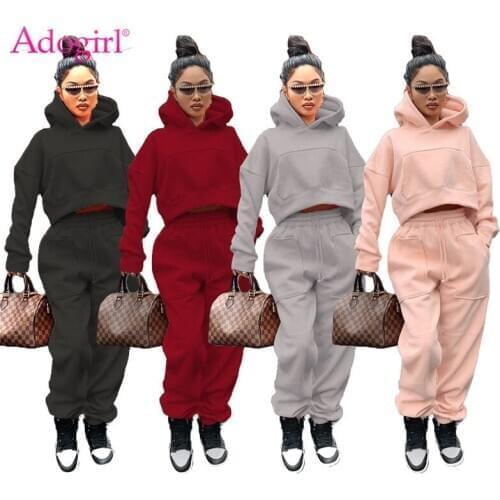 Adogirl S-3XL Plus Size Women Two Piece Set Tracksuit Long Sleeve Short Hoodies Top Pockets Sweat Pants Fashion Casual Tracksuit