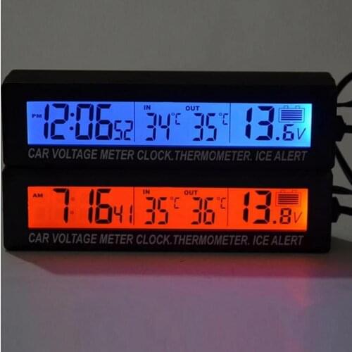 3 In 1 With Two-color Light Car Digital LCD Clock Indoor Outdoor Temperature Battery Voltage Monitor Auto Thermometer Voltmeter