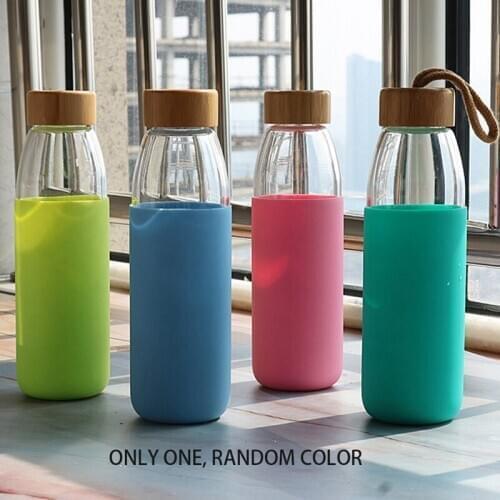 500 Ml Simple Design of Bamboo Cover Glass Water Bottle with Bamboo Lid and Silicone Protective Sleeve Bpa Free