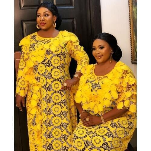 Super Size New Style African Womens Dashiki Water-Soluble Lace Loose Long Dress + Black Inside The Skirt Ewo Piece