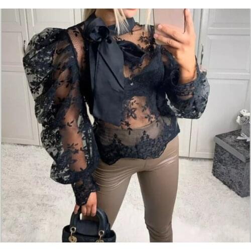 Sexy Women Mesh Lace Patchwork Tied Neck Puffed Sleeve Blouse Shirts Long Sleeve Bow Tie Collar Shirt Blouse Tops Fashion Clothe