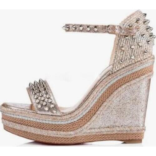 Women Designer Gold Rivet Wedges Open Toe Braided Platform Leopard Wedge Sandals 15 CM Heels Height Increased Patchwork Shoes