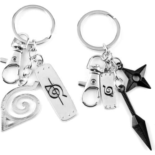 Anime Keychain Ninja Kunai Weapon Modle Keyrings Konoha Symbol Akatsuki Red Cloud Pendant Key Chains Car Bags Keyfob Trinket