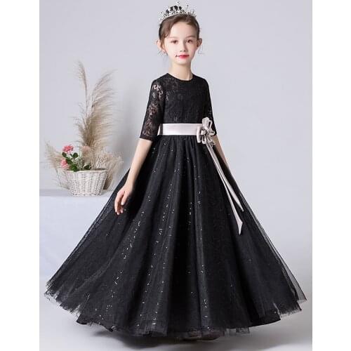 Black Elegant Party Girl Dress Sleeve Wedding Princess With Lace Flower Girl Dresses Clothes Evening Sukienki Dresses AE50GD