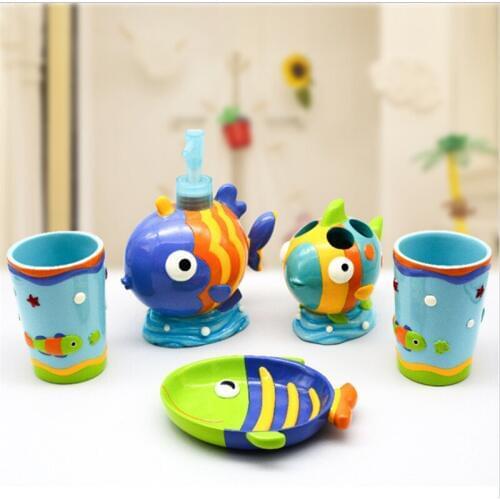 5PCS Bathroom Accessories Toothpaste holder Childrens Cartoon Toiletries Mediterranean Fish Washing Bathroom Resin