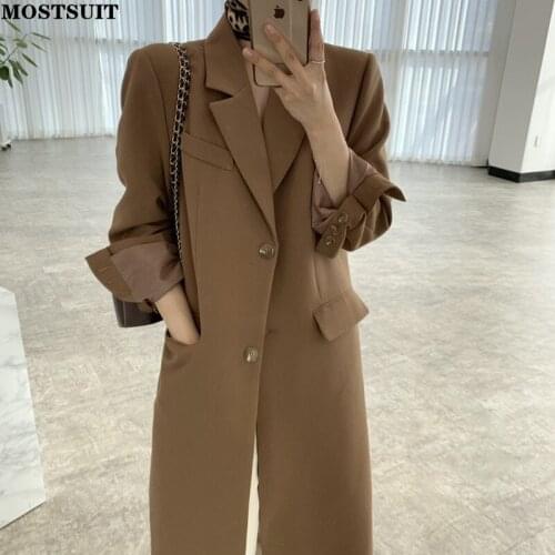 Elegant Chic Women Long Suit Blazer Full Sleeve Notched Collar Single-breasted Overcoat Jacket Solid Workwear Ladies Coat 2021