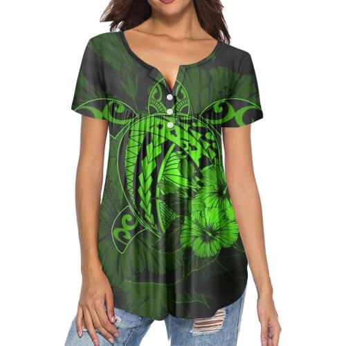 HYCOOL Polynesian Sea Turtle Design Summer Women Short Sleeve Pleated Buckle Shirt Casual Ladies Tops 202 New Green Blouse Women