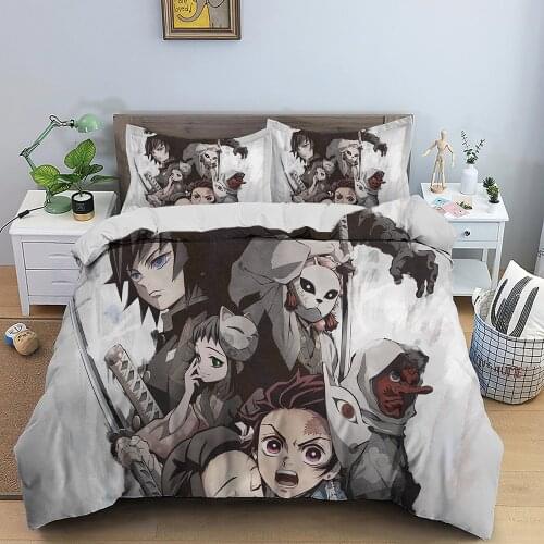 Anime Demon Slayer Bedding Set 3D Print Full Queen King Cartoon Duvet Cover + Pillowcase Kimetsu No Yaiba Bedspread (No Sheet