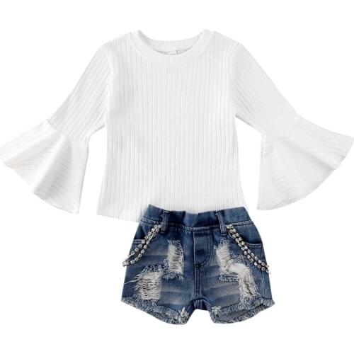 Citgeett Summer Fashion Newborn Baby Girls Wide Sleeve Knit Tops + Jeans Deenim Shorts Pants Outfits Summer Clothes Set