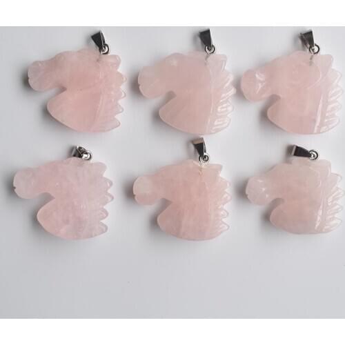 2020 hot selling natural pink crystal stone carved horse heads charms pendants for jewelry making 6pcs/lot Wholesale Free