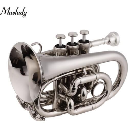 Muslady Mini Pocket Trumpet Bb Flat Brass Material Wind Instrument with Mouthpiece Gloves Cleaning Cloth Carrying Case