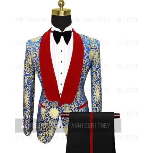 Fashion Red Velvet Printed Flower Suit Man Business Jacket Tailored Men Formal Costume Wedding Pants Set 2 Pieces