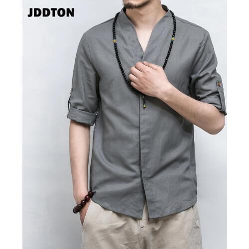 JDDTON New Summer Men Linen Kimono Three Quarter Sleeve Cardigan Outerwear Coats Streetwear V-neck Shirt Short Male Casual JE013