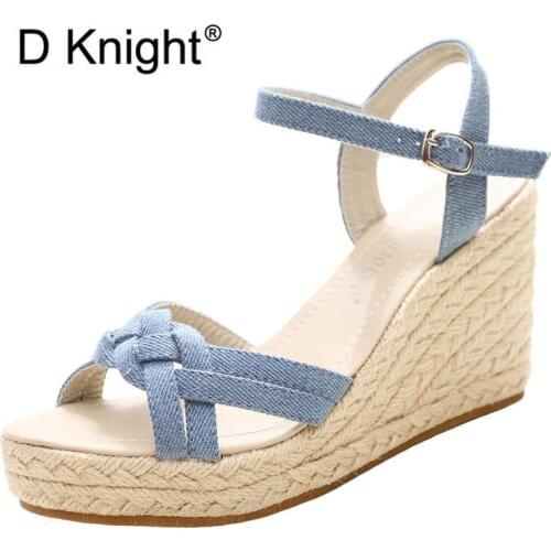 New Wedges Shoes For Women Retro Open Toe Ankle Platform Beach Blue Sandals Plus Size Denim High Heel Buckle-Strap Shoes Sandals
