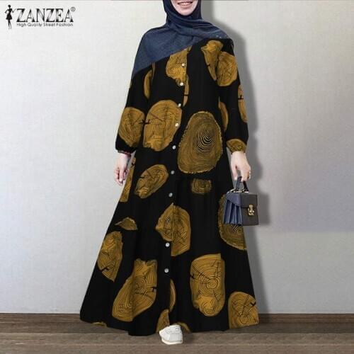 ZANZEA Vintage Printed Sundress Retro Women Dubai Abaya Turkey Hijab Dress Autumn Long Sleeve Kaftan Loose Maxi Long Vestido 7