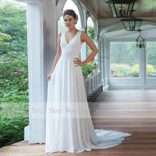 New Coming White Wedding Drerss V-Neck Chiffon A-Line Gown with Beaded Illusion Back Bodice Appliques Bridal Gowns