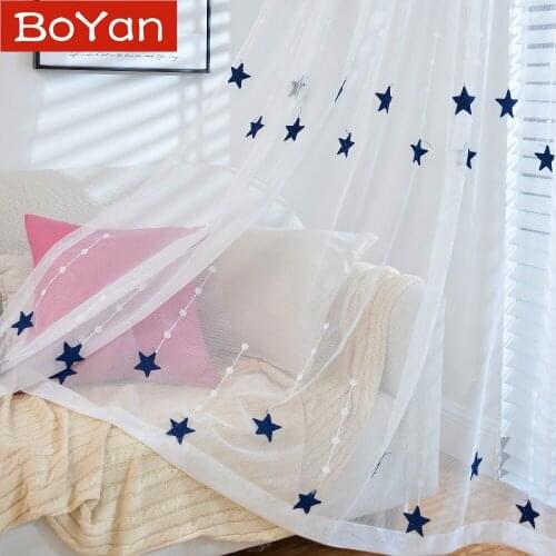 Yellow/Navy Stars Embroidered Voile Curtains for Living Room Kids Bedroom Meteor Window Treatment Sheer Curtains Tulle Kitchen