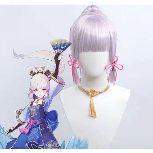 Synthetic Wig Short Hair with Bangs Ponytail Clip in Ayaka Kamisato Cosplay Genshin impact Wigs for Women Silver purple MUMUPI