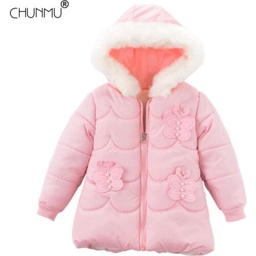 Girls Baby Warm Coats Girls Jackets For Autumn Winter Fur Collar Fashion Beads Butterfly Solid Color Kids Hooded Coats