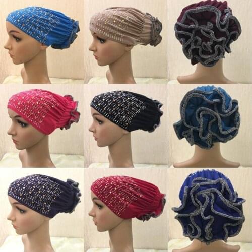 Hair Loss Beanie Fashion Muslim Woman Diamond Cap Islamic Wrap Hijab Hat Arabian Bonnets Retro Big Flowers African Female Hats