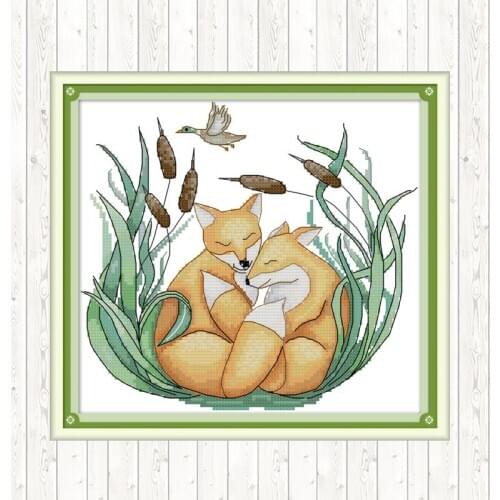 Two Foxes Embroidery 14ct 11ct Printed Canvas DIY Handmade Needlework Chinese Cross Stitch Kit Wall Home Decor DMC Floss Crafts