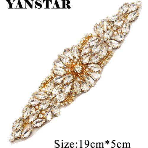 YANSTAR(2pcs) Bridal Sash Rose Gold Crystal Rhinestones Appliques Iron On For Wedding Dress Sash YS934