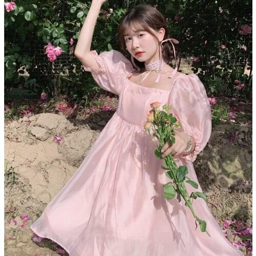 Japanese Kawaii Mini Dresses Baby Doll For Woman Summer Cute Puff Sleeve Pink Princess Party Dress Girls Sweet Lolita Sundress