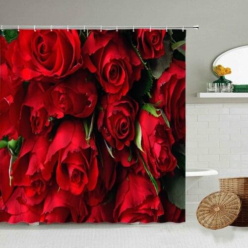 Rose Tulip Flower Green Leaf Shower Curtain Red Pink Purple Yellow Pastoral Style Bathroom Wall Decoration Waterproof Screen Set
