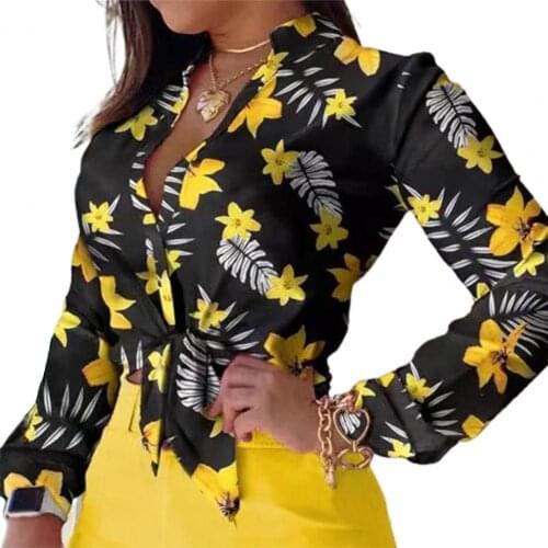 Elegant Women Shirt Office Lady Floral Print Stand Collar Single-breasted Long Sleeve Buttons Down Blouse Casual Summer Shirts
