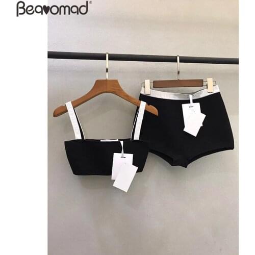 Bearomad Summer Women 2021 Fashion Beach Vacation Beach Style Black Sexy Strapless Blouse+Slim Elastic Waist Shorts