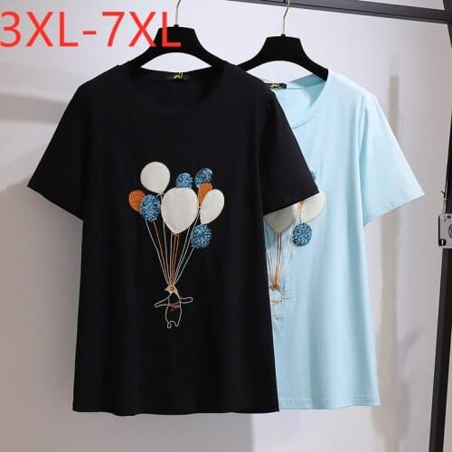 New 2021 Ladies Summer Plus Size Tops For Women Large Short Sleeve Loose Cotton Blue Print O-neck T-shirt 3XL 4XL 5XL 6XL 7XL