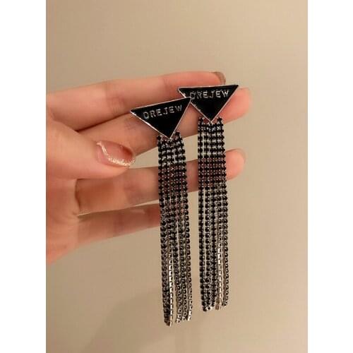 Origin Summer Fashion Triangle Long Tassel Earrings for Women Black Color Enamel Letter Printing Drop Earrings Pendientes 2021