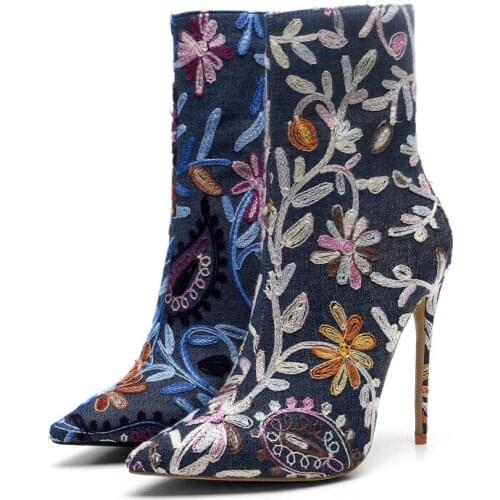 US4-11 Womens Pointed Toe Embroidered Floral Denim Jeans Ankle Boots Stilettos High Heel Shoes Side Zipper Plus Size C758