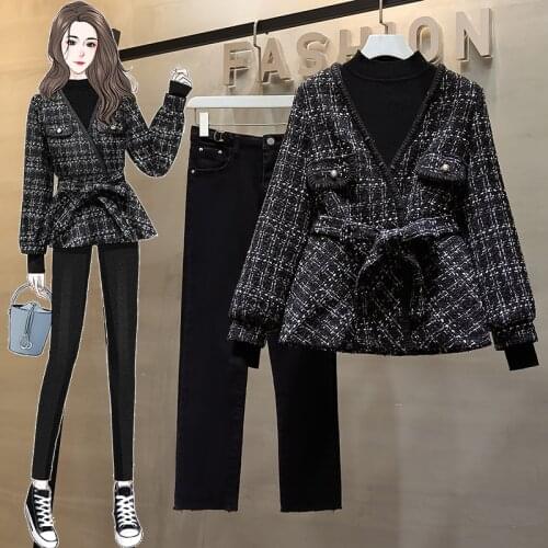 Womens Winter New Suits Small Fragrance Jacket + Sweater + Pencil Jeans Three-Piece Sets Female