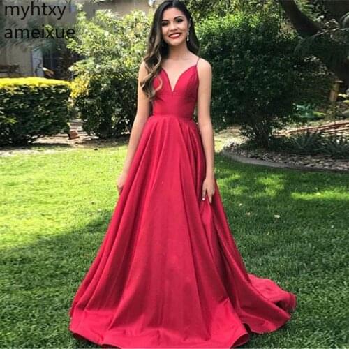 Sexy Red Cheap Plus Size Evening Dress 2021 V-neck Backless Prom Gown Party Satin Abiye Robe Femme Long Dresses Robe De Soiree