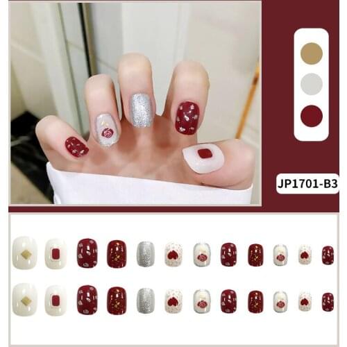 24pcs Fake Nails Wine Red Rose Wear Long Paragraph Fashion Manicure Patch False Nails Save Time Wearable Nail Patch EF