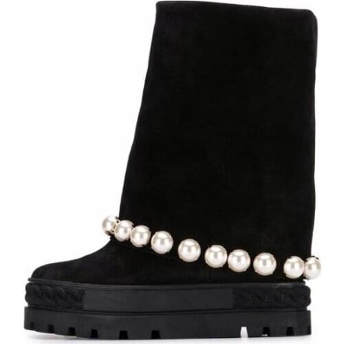 New Fall Woman Black 100 mm Black Faux-pearl Ankle Boots Height Increasing Chain Link Embroidery Chunky Sole Platform Boots