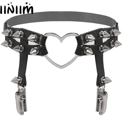 Black Mens Women Rivet Adjustable Faux Leather Thigh Ring O-Ring/Heart Shaped/Bowknot Leg Garter with Metal Clips