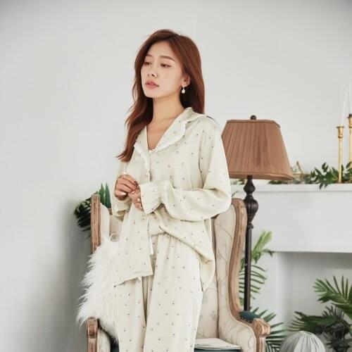 Fdfklak Thin Ice Silk Two-Piece Home Suit For Spring Summer Pyjamas Print Long Sleeve Shirts + Trousers Nighties Sleepwear