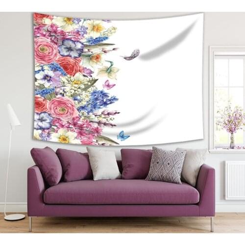Tapestry Flowers Hyacinths Daffodils Roses Butterflies and Feathers Classic Botanical Watercolor Art Pink Blue Green