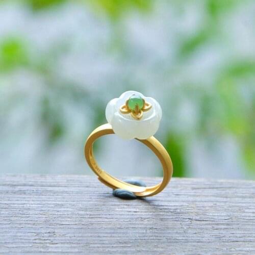 Natural Hetian Jade White Jade Flower Ring Opening Adjustable Chinese Ancient Style S925 Sterling Silver Ring Ornament for Women