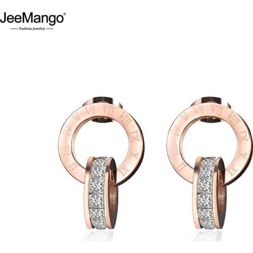 JeeMango Gold Color Shiny Cubic Zirconia Drop Earrings For Women Stainless Steel Circle Dangle Earring Birthday Jewelry JE17014