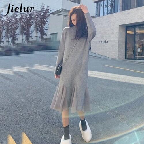 Jielur Womens Dress Sweet Graceful O-Neck Female Mermaid Dresses Winter Knitted Korean Loose Ladies Black Gray Long Dress S-L