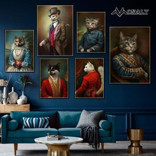 Canvas Painting Abstract Animal Posters HD Middle Ages Cat Dog gentleman Picture Living Room Wall Art Print Decorative Paintings