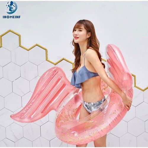 Angel Wings Mat Gold Sequin Swim Ring Adult Inflatable Swimming Circle PVC Buoy Pool Float Water Sport Summer Party Toys