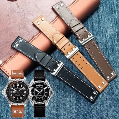 20mm22mm Double Row Hole Leather Straps for Hamilton Seiko Watch Band Rivet Mens Military Pilot Khaki Field Aviation Watch Belts