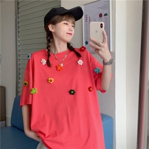 Summer loose 3D flowers short-sleeved T-shirt all-match casual cute college style top T-shirt women