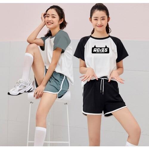 2021 New Arrival Fashion Casual Sports Running Set for Women Breathable Skin-friendly Short Sleeve Shirts Purple Black Shorts