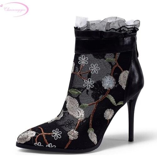 Chainingyee party style sexy pointed toe autumn ankle boots embroidered zipper black pink high-heeled riding boots womens shoes